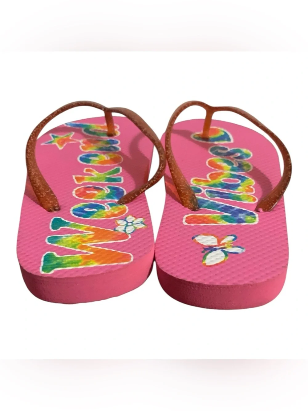 Children’s Place Pink Glitter Strap Flip Flops  'Weekend Vibes' Print Girl 12/13